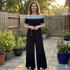 Joseph Ribkoff Vintage Wide Leg Jumpsuit 10 Black Sailor Nautical Off Shoulder